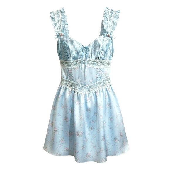 For Love & Lemons Ellery Baby Blue Floral Satin Slip Dress S Romantic Mini - Picture 2 of 10